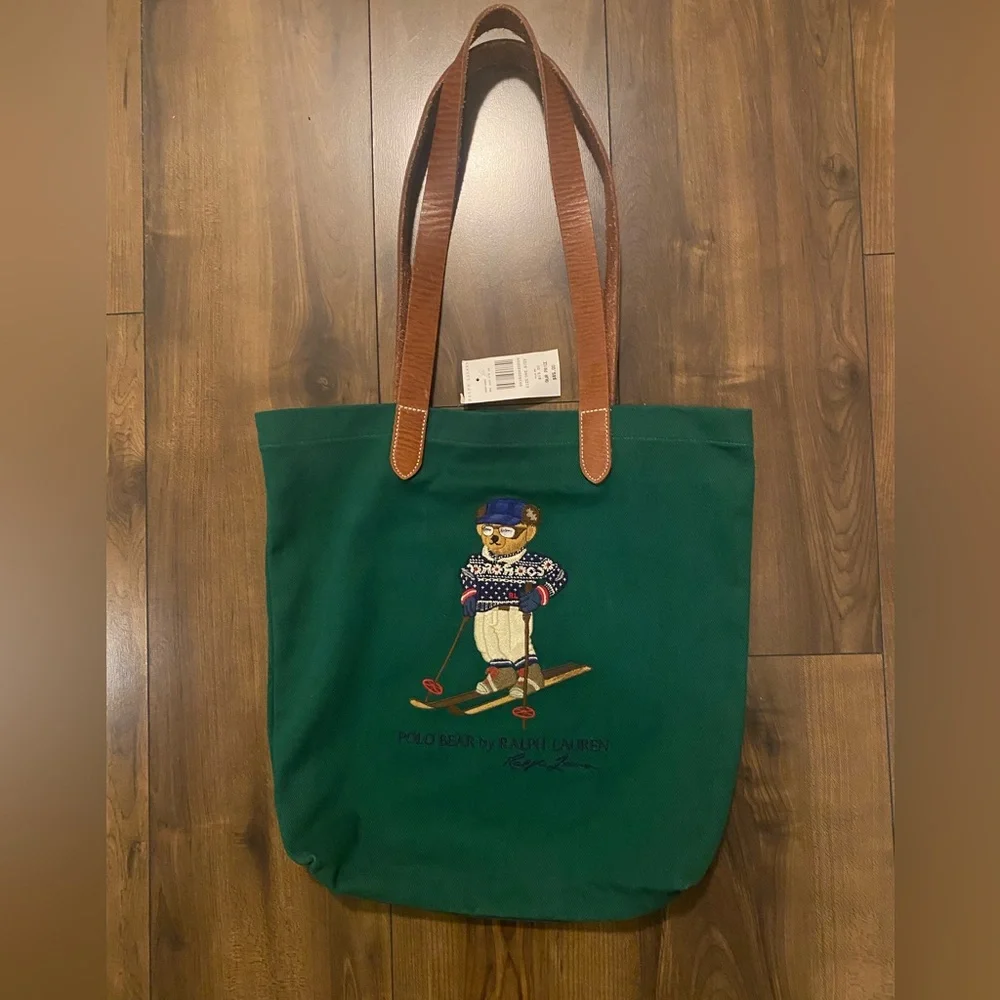 NWT Polo Ralph Lauren Green Canvas FAIR ISLE SKIING BEAR Leather Strap Tote Bag
